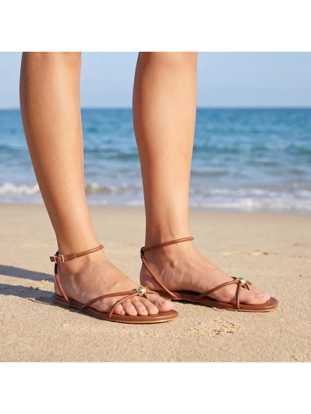 Women's Tan Strappy Flat Sandals Open Toe Ankle Strap Thong Summer Shoes